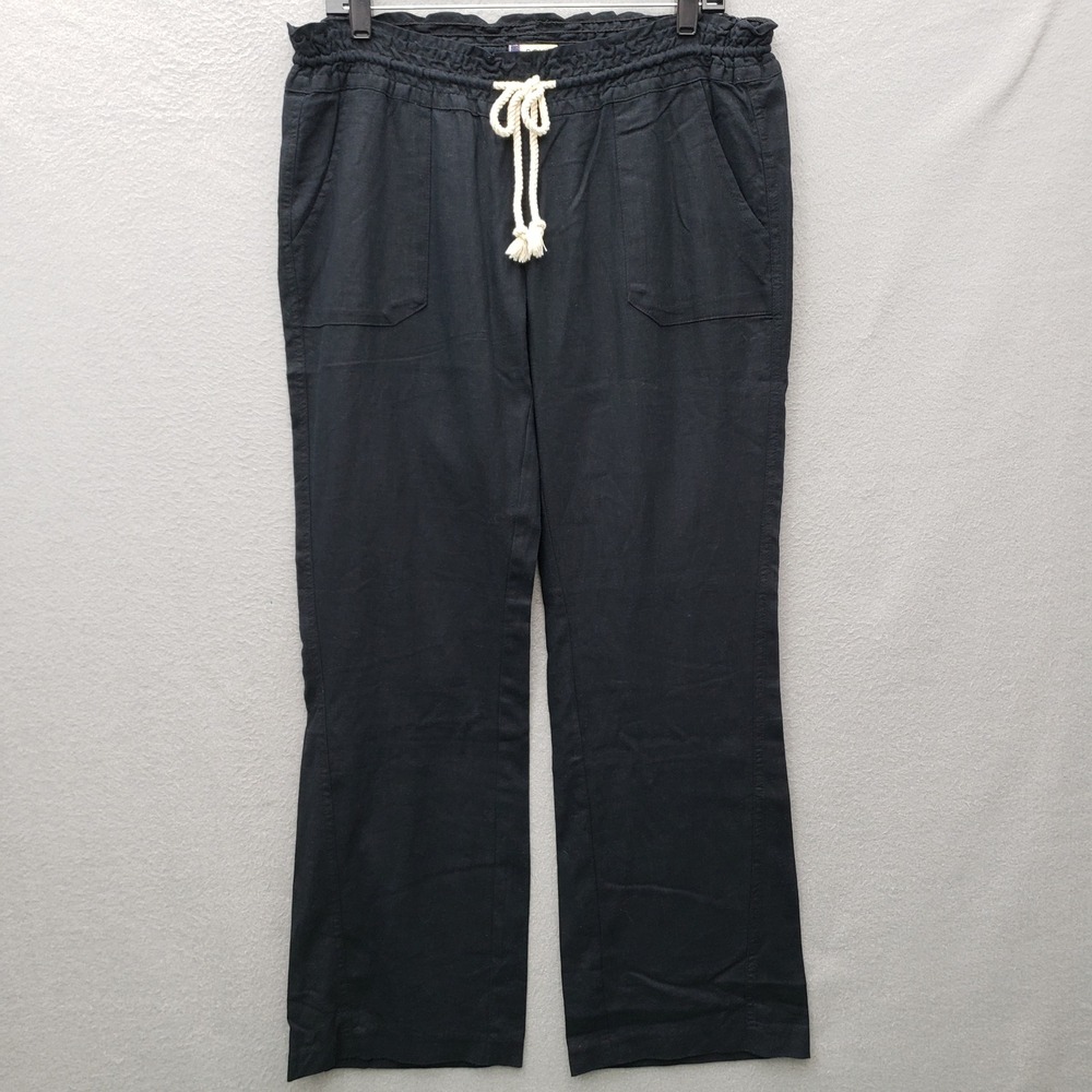 Roxy Oceanside Linen Blend Drawstring Waist Pants Black Wide Leg Casual Coastal